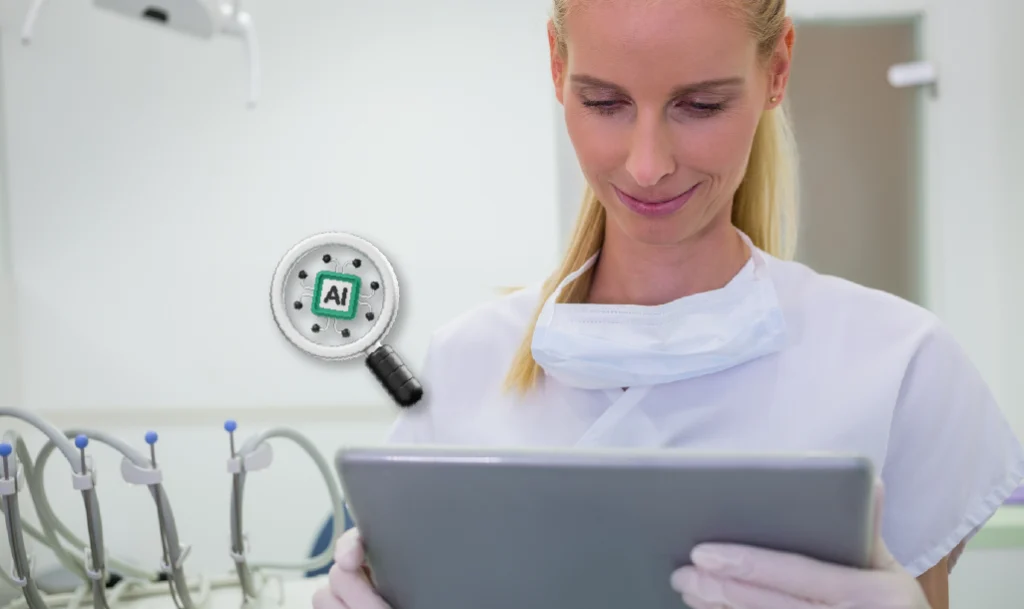 Equipo dental colaborando en una clínica moderna con herramientas de gestión avanzada